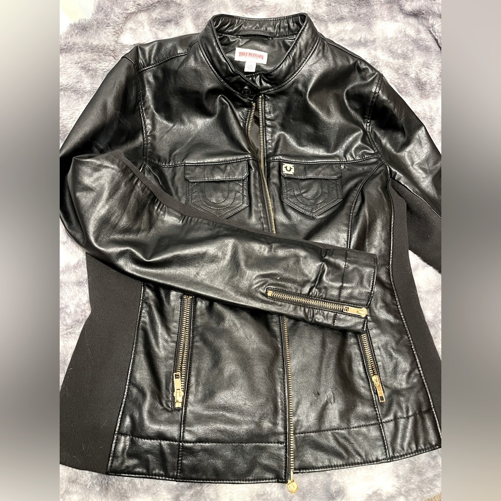 TRUE RELIGION BLACK LEATHER LIKE MOTO JACKET WITH GOLD HARDWARE